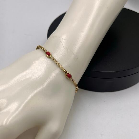 Yellow Gold 14k Italy Byzantine Woven Style Five Oval Coral Cabochons Bracelet - Picture 2 of 10